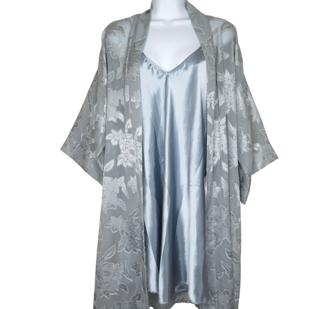 Vintage Womens Sheer Floral Kimono Slip Nightgown Set M Knee Length USA Made
